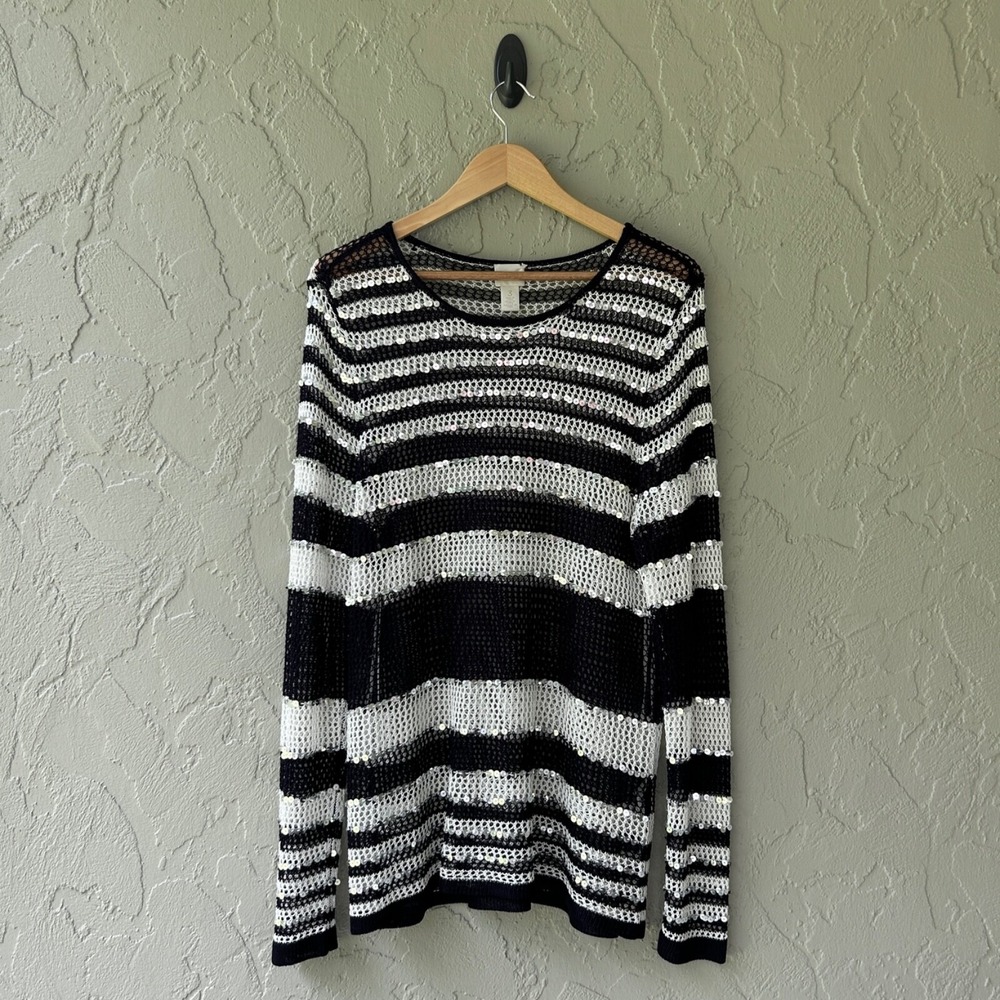 Chico's Size 3 Black & White Stripes XL Sequined Rayon Pullover Sweater Top NWOT